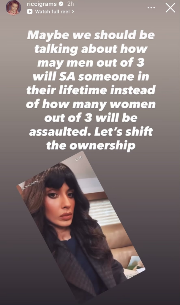 Christina Ricci reshares Jameela Jamil’s video discussing the statistics on sexual violence against women from men: “Maybe we should be talking about how many men out of 3 will SA someone in their lifetime instead of how many women out of 3 will be assaulted. Let’s shift the ownership”