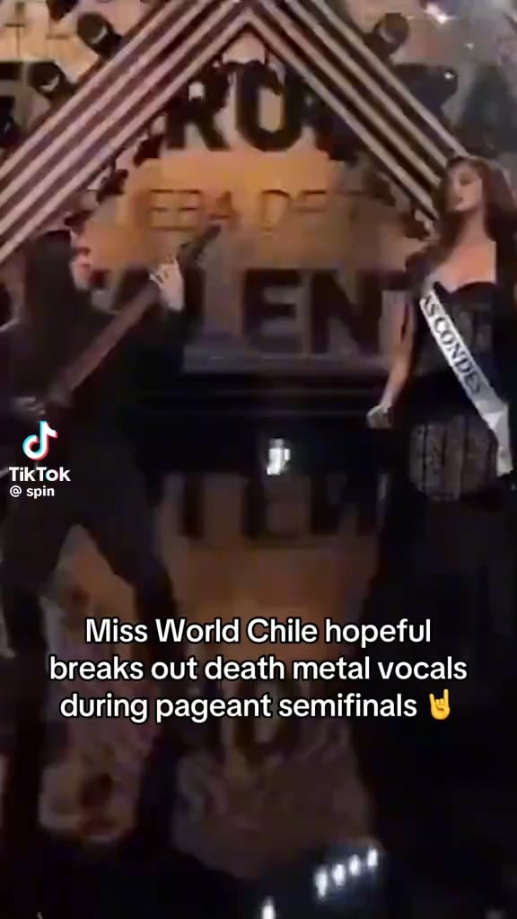 Miss Las Condesas, Ignacia Fernandez, doing a death metal cover during the Miss World Chile talent show.