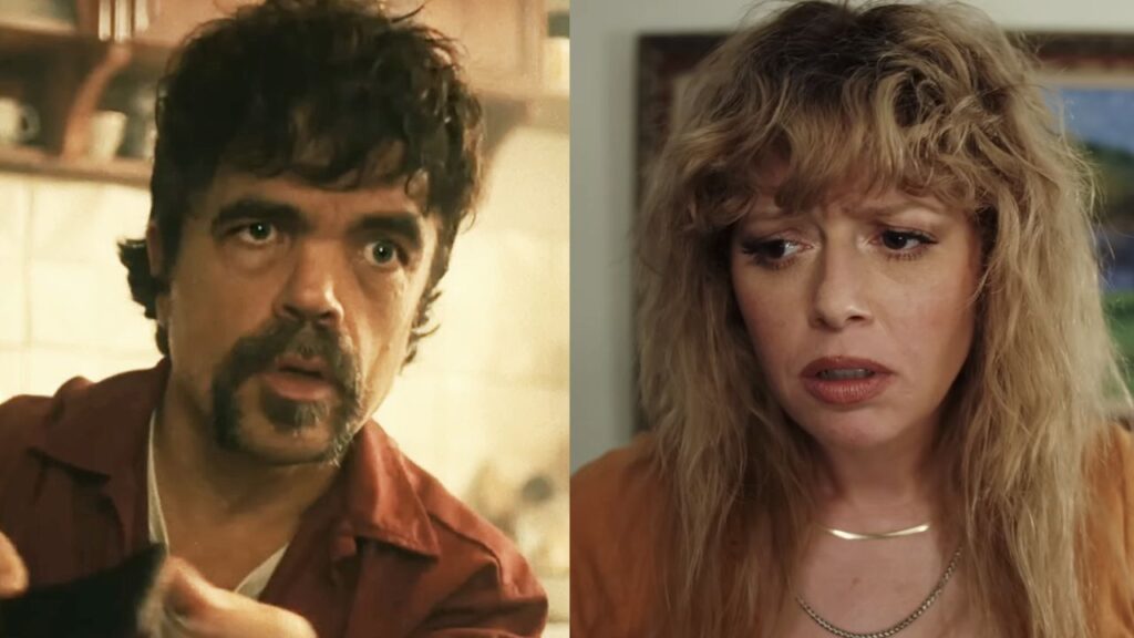 Peter Dinklage with mullet and red shirt staring in The Toxic Avenger (2025), Natasha Lyonne as she appears in Poker Face Season 1.