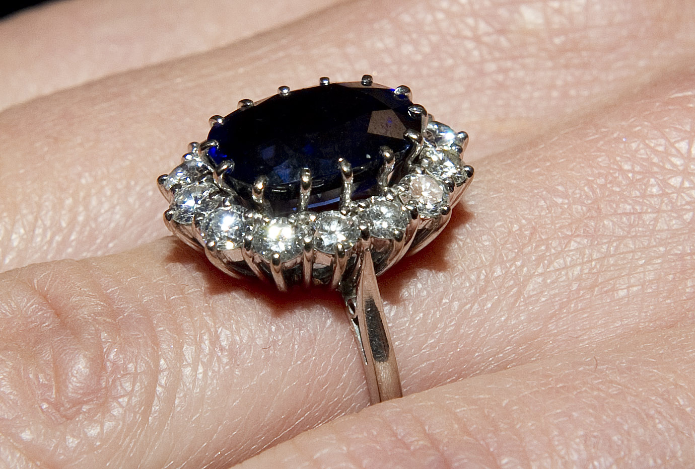 A closeup of Kate Middleton's engagement ring on her hand