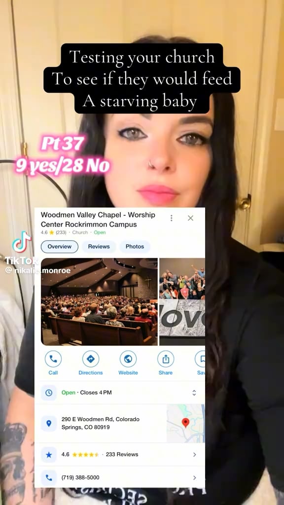 Tik Tok personality Nikalie has been calling churches to see if they would provide formula for her fictitious baby during the government shutdown/SNAP freeze. So far she’s gotten 9 yes/ 28 no. Among the few yeses were a mosque, Buddhist temple and a historically black church