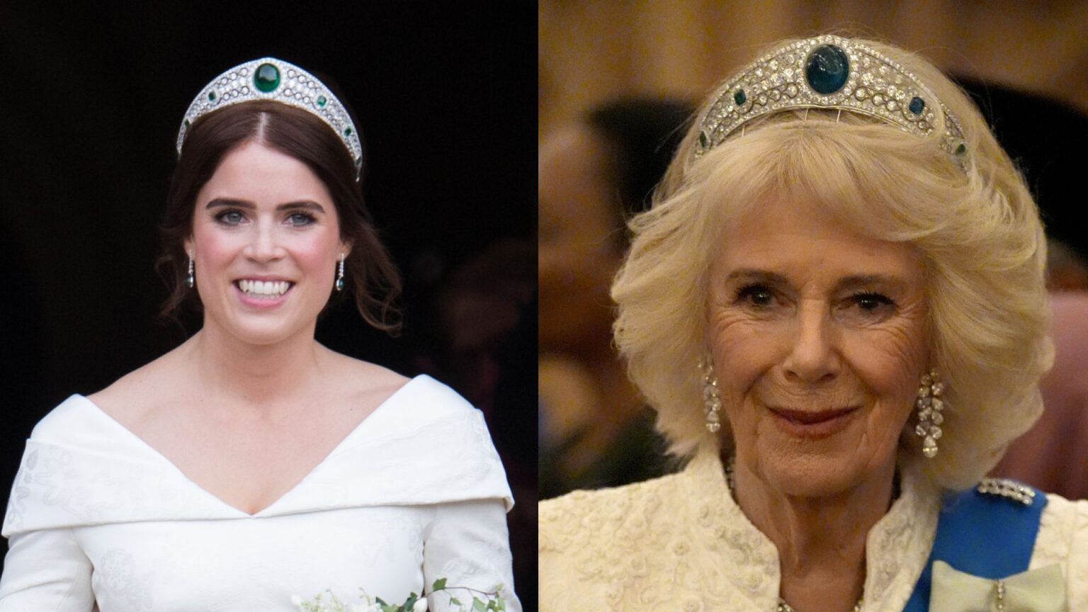 Queen Camilla Shocks Fans By Wearing Princess Eugenie’s Wedding Tiara in “Jaw-Dropping” Moment Amid Andrew Scandal Princess Eugenie and Queen Camilla wearing the same emerald tiara