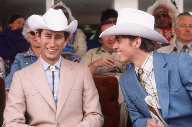 CALGARY, CANADA - MARCH 1: Prince Charles, Prince of Wales (L) and Prince Andrew, Duke of York dress as cowboys on March 1, 1977 at Calgary in Canada. (Photo by Anwar Hussein/Getty Images)