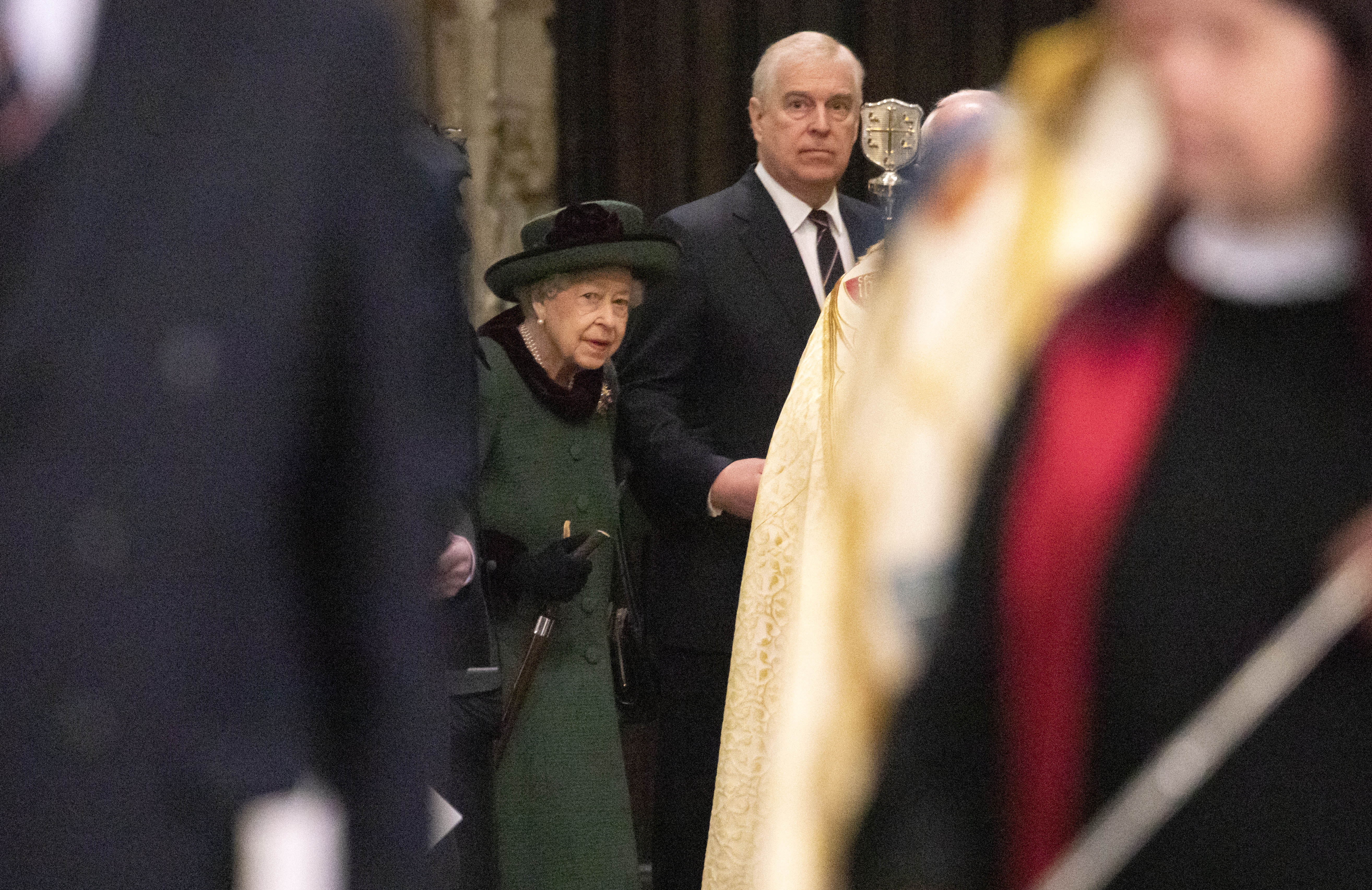 Queen Elizabeth II arrives in Westminster Abbey accompanied by Prince Andrew, Duke of York for the Service Of Thanksgiving For The Duke Of Edinburgh on March 29, 2022 in London, England