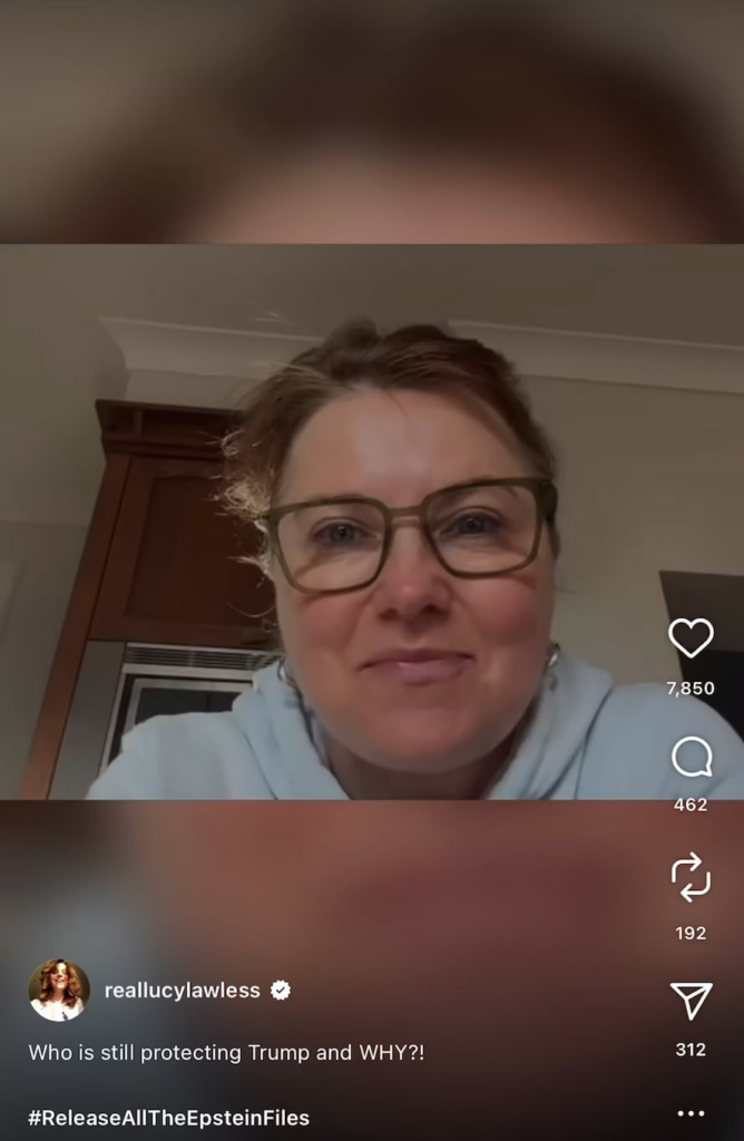 Lucy Lawless calls for the release of the Epstein files and asks who is still protecting Trump and why: “release the emails… you know there’s gotta be tapes”