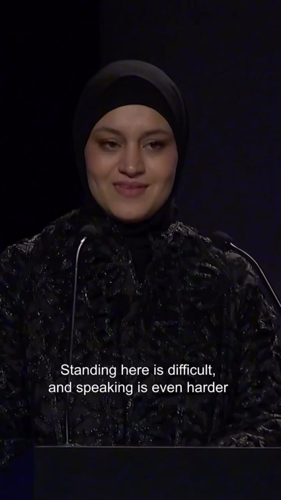 Hind Rajab’s mother Wissam spoke before ‘The Voice of Hind Rajab’ screening during DFF: “I lost my daughter, my comfort, but I have not lost my humanity or my purpose. I stand here to be their voice when they’re silenced. To tell the world: Save the childhood of Gaza before its last light goes out.”