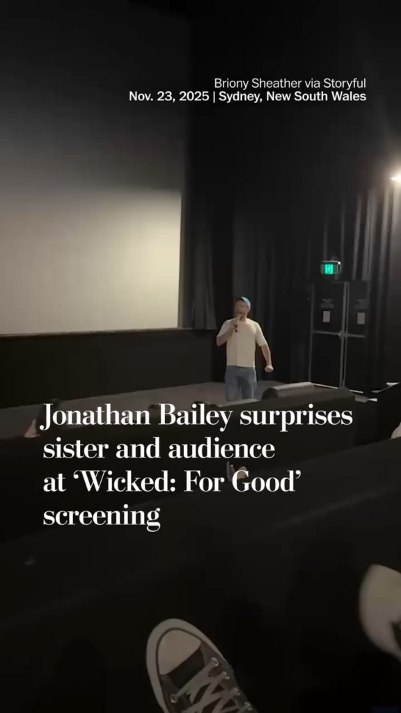 Jonathan Bailey surprises his sister and nieces at a ‘Wicked: For Good’ screening