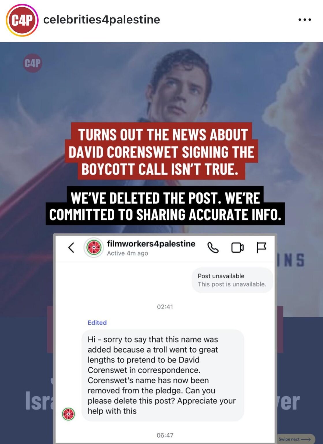 Filmworkers for Palestine confirms that David Corenswet did NOT add his name to their pledge