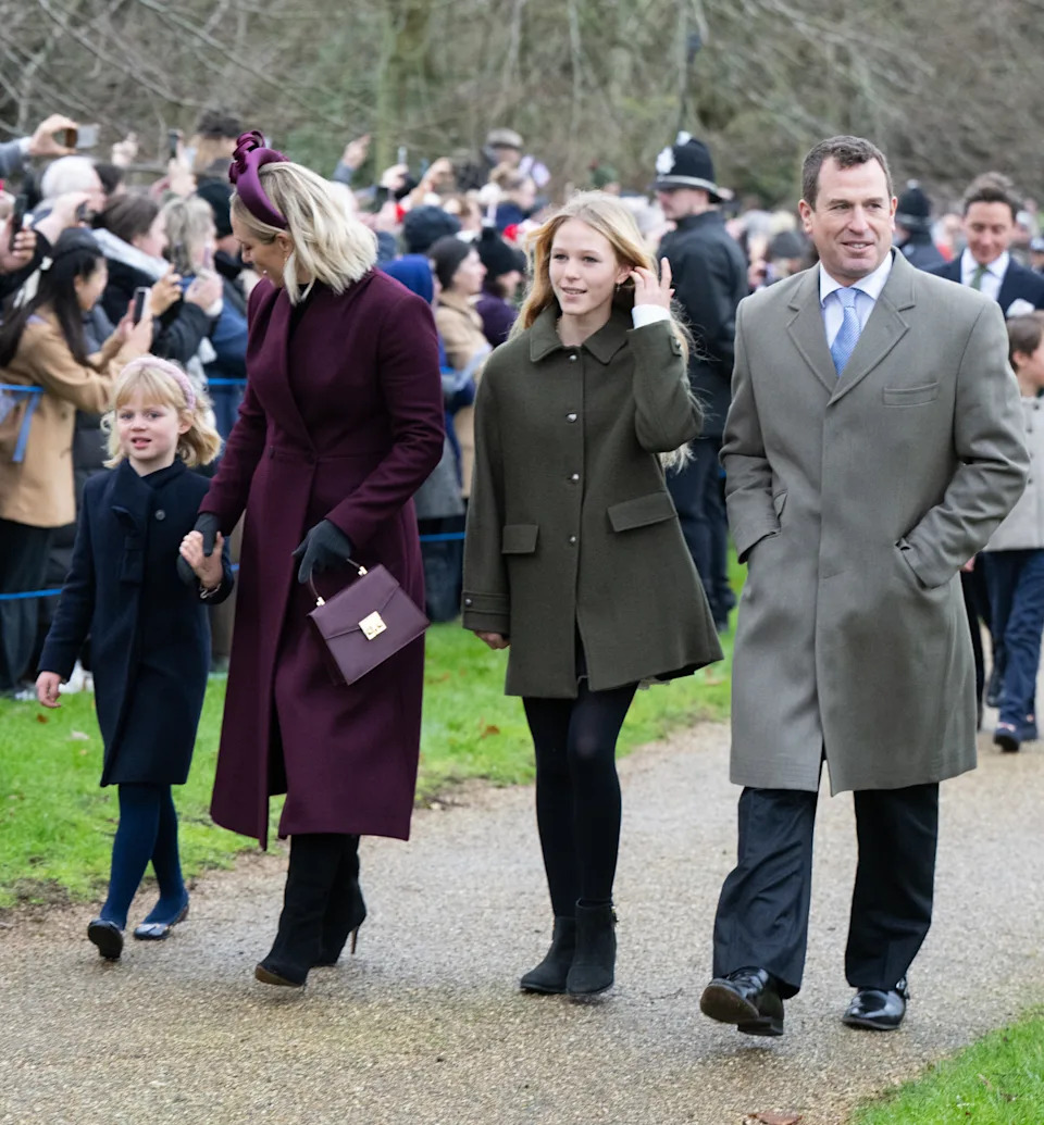 Lena Tindall, Zara Tindall, Isla Phillips and Peter Philips walking to the Christmas Morning Service at Sandringham Church on December 25, 2024