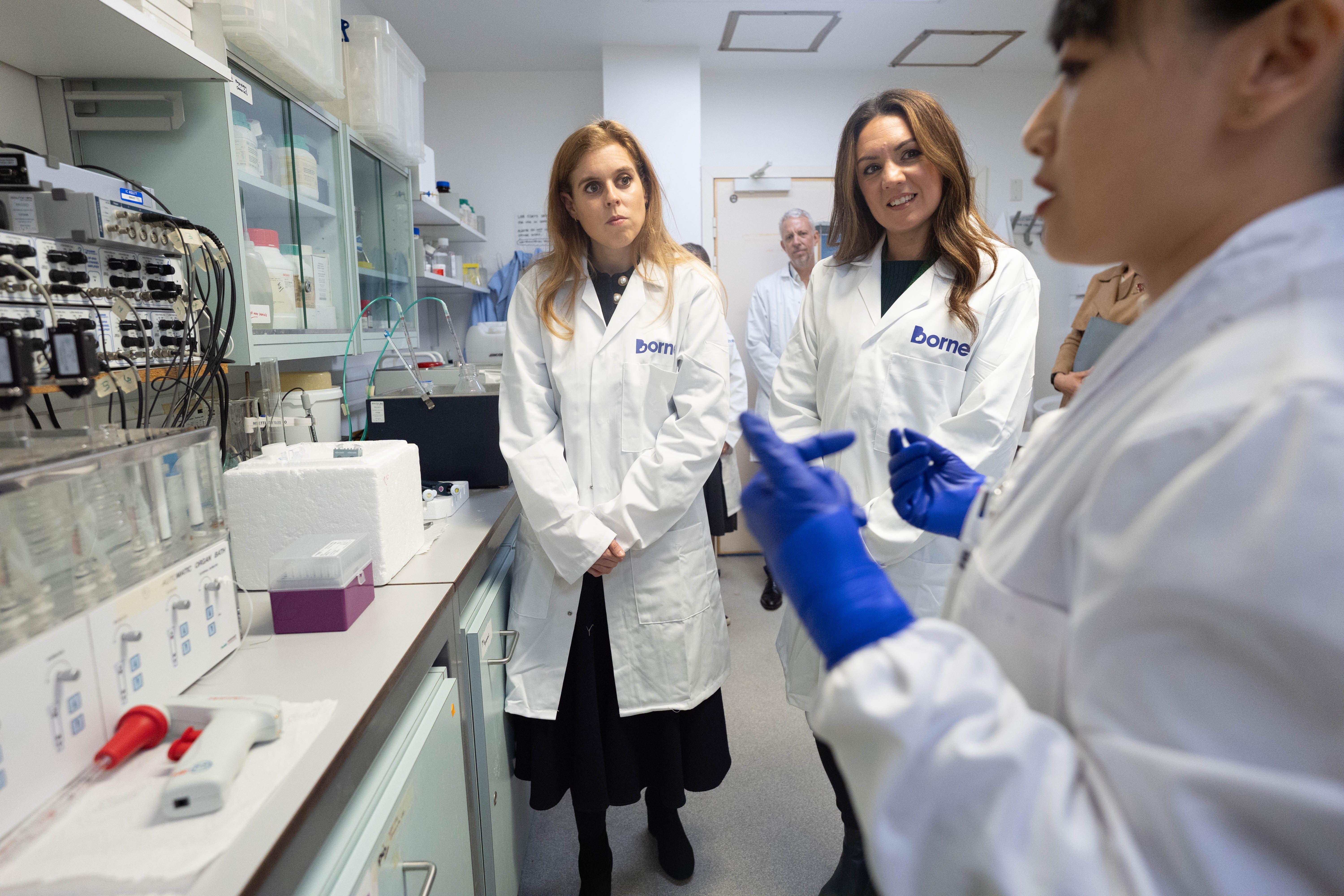 Princess Beatrice (left) and Laura Tobin (right) met scientists and clinicians leading Borne’s research, including projects investigating the causes of preterm labour