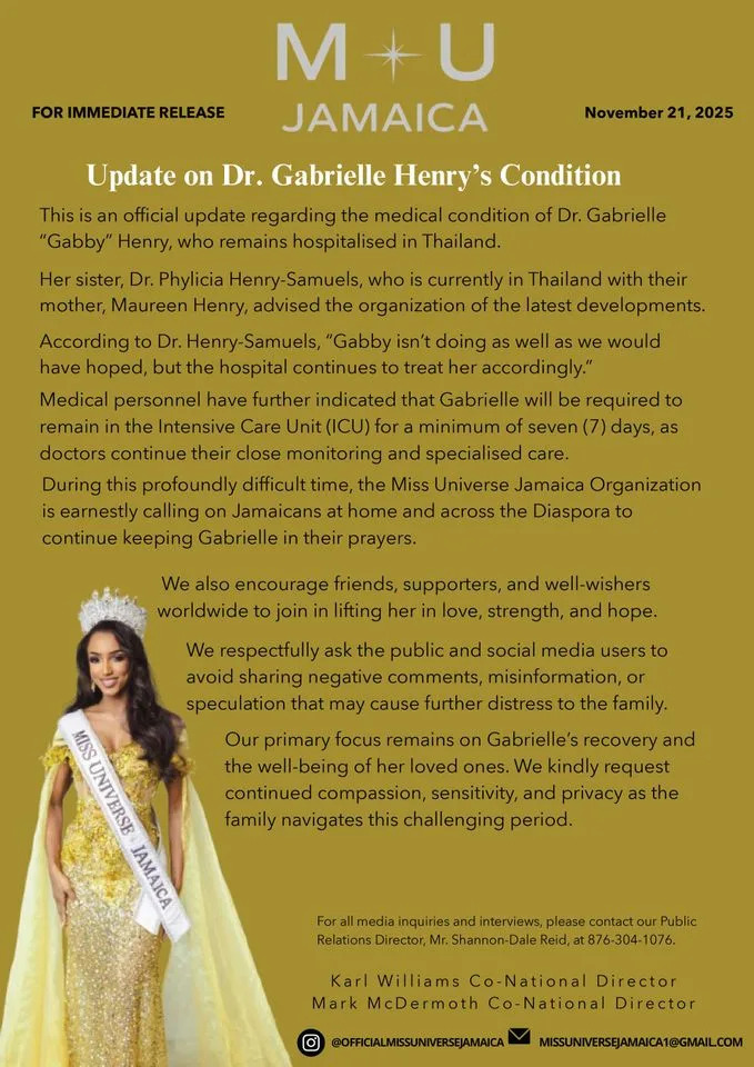 Courtesy Miss Universe Jamaica Update on Miss Jamaica Gabrielle Henry