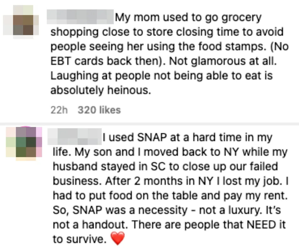 Comment about grocery shopping with food stamps, highlighting that it's not glamorous and calling out laughing at those struggling to eat as heinous