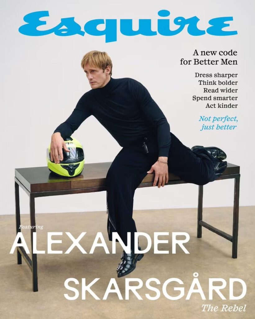 Alexander Skarsgård covers the Winter 2025 issue of Esquire UK. Photographed by Ben Parks & styled by Felicity Kay.