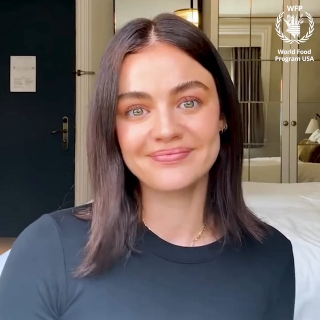 Actress Lucy Hale encourages her followers to donate to the World Food Programme, which will help to provide food for families in Gaza and Sudan.
