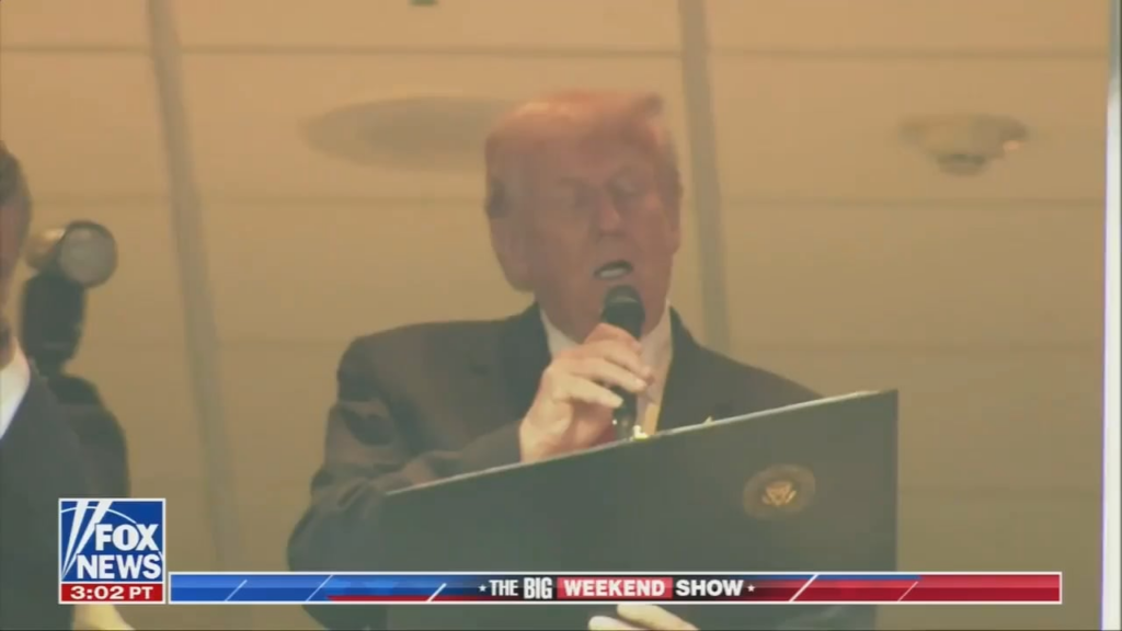 Trump tries to speak during the Washington Commanders vs Detroit Lions game but his voice is drowned out by loud and audible boos