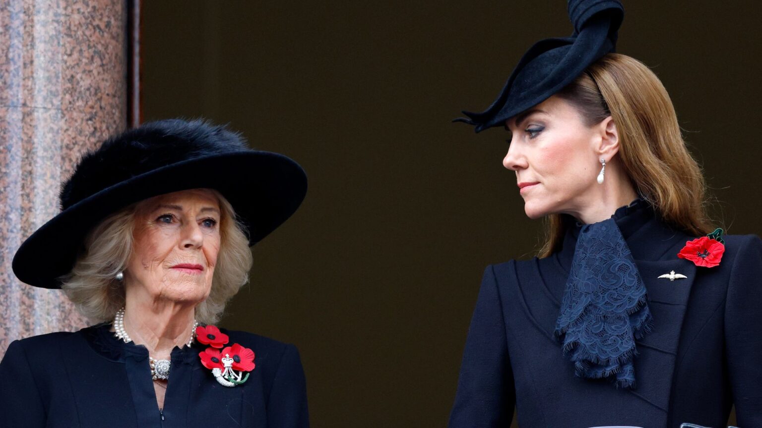 Queen Camilla Made Rude Kate Middleton Joke, Biographer Says Queen Camilla and Kate Middleton box wear black outfits and red poppies on Remembrance Sunday at The Cenotaph in London