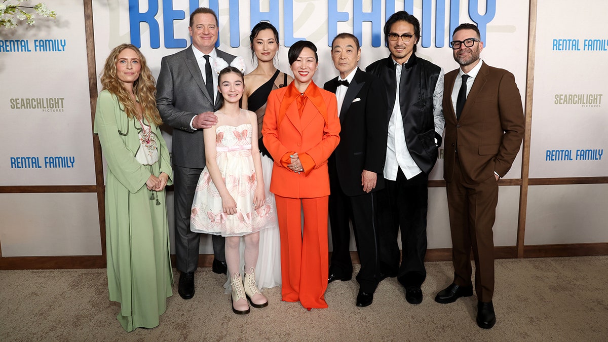 Julia Lebedev, Brendan Fraser, Shannon Gorman, Mari Yamamoto, HIKARI, Akira Emoto, Takehiro Hira, and Eddie Vaisman pose together at the "Rental Family" Los Angeles premiere
