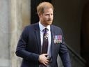 Britain's Prince Harry leaves after attending an Invictus Games Foundation 10th Anniversary Service of Thanksgiving at St Paul's Cathedral in London, on May 8, 2024. 