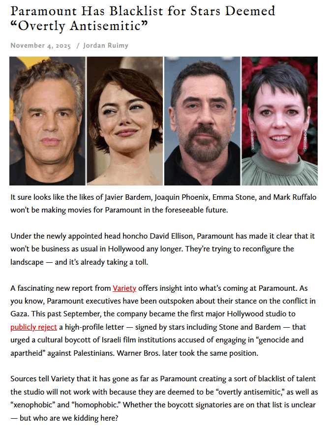 Paramount has a Blacklist for starts deemed "Overly Antisemitic"