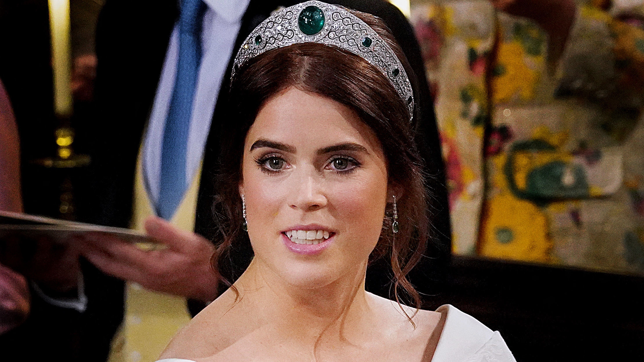 Princess Eugenie of York wears the Greville Emerald tiara during her wedding to Jack Brooksbank at St George's Chapel, Windsor Castle