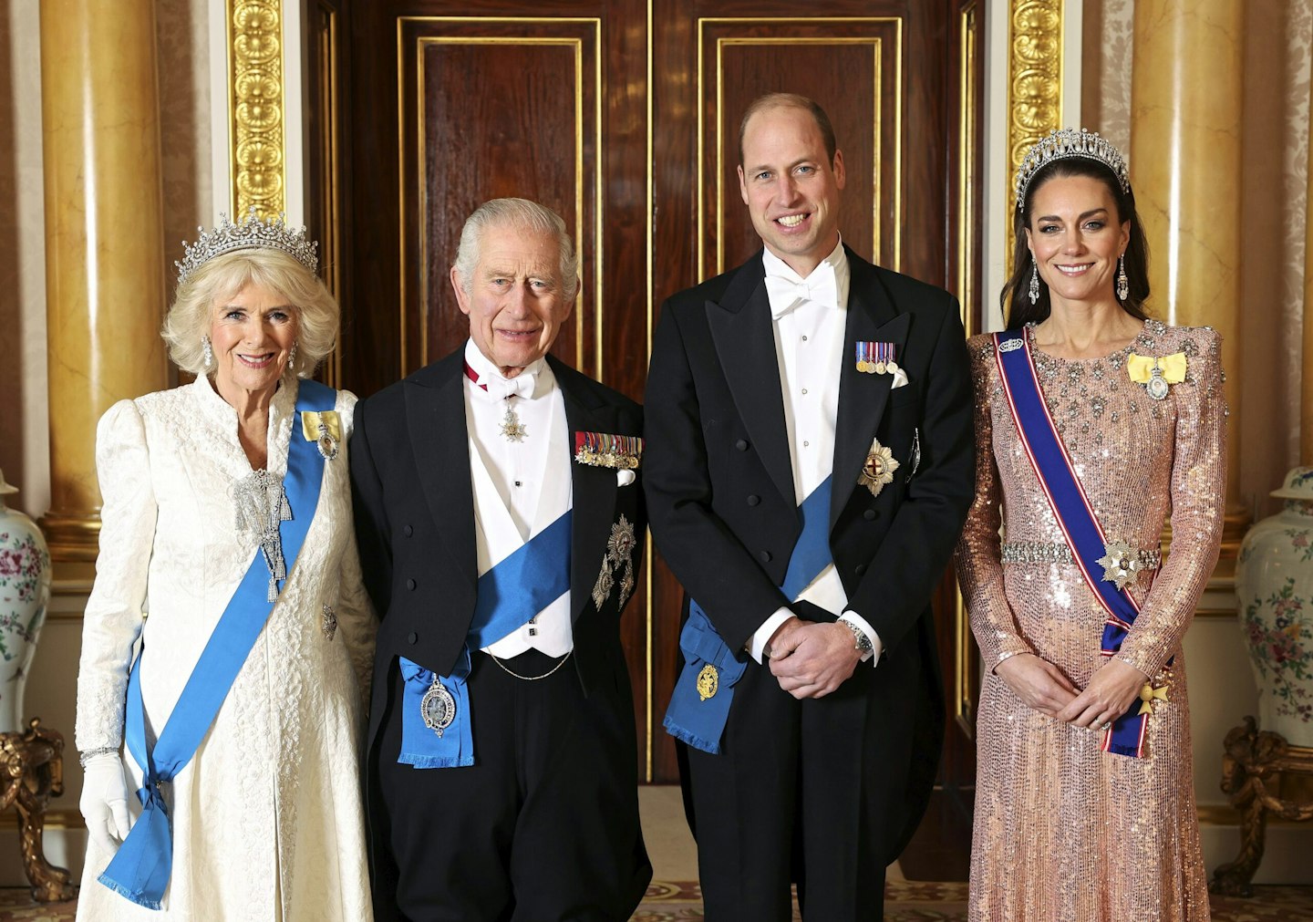 camilla with king charles, prince william and kate middleton