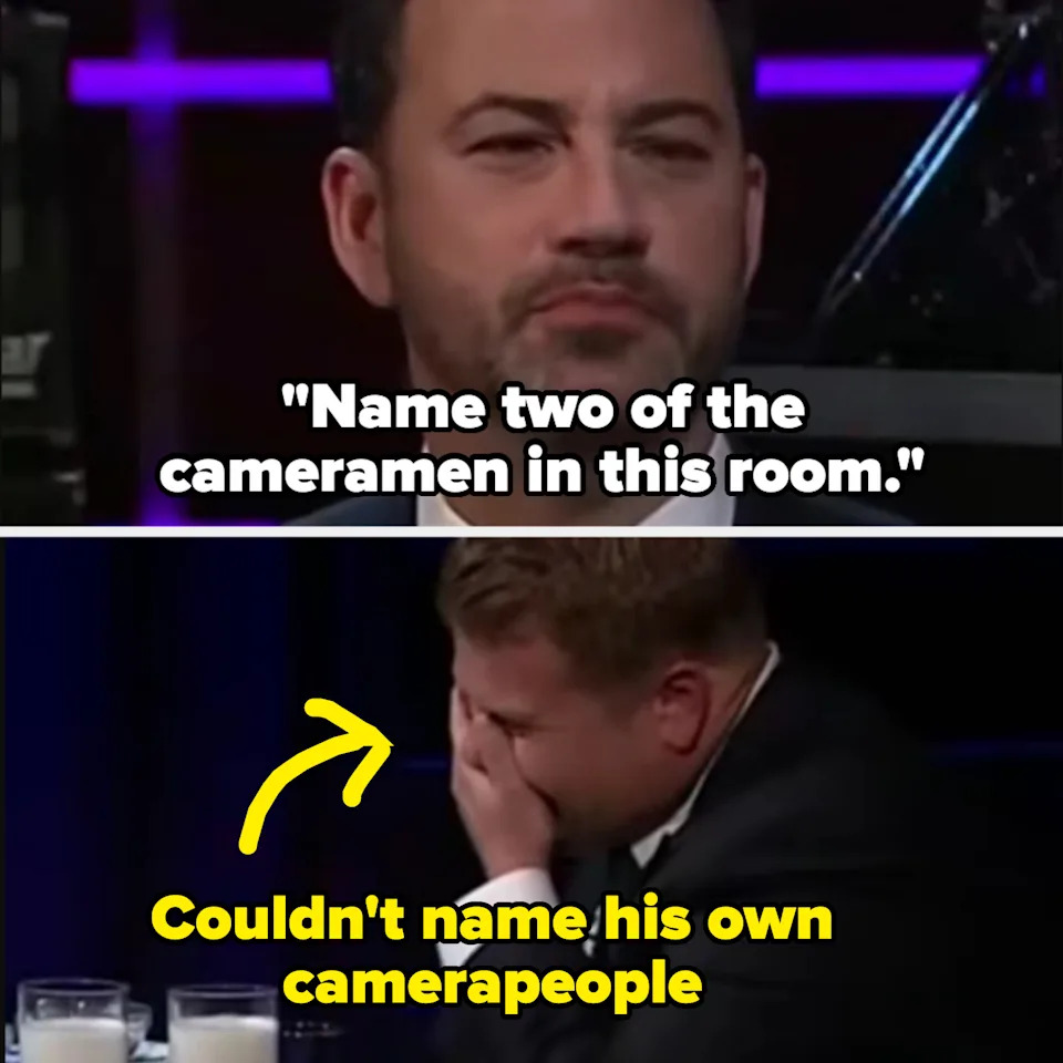 Jimmy Kimmel asks James Corden to name two cameramen in the room; James Corden covers his face, laughing with milk glasses on the table