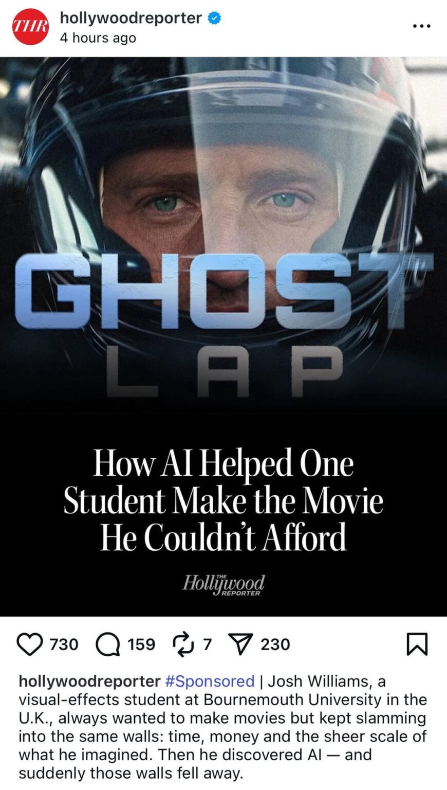 The Hollywood Reporter shares a Sponsored post about A.I. filmmaking tool and they are getting roasted about it in the comments