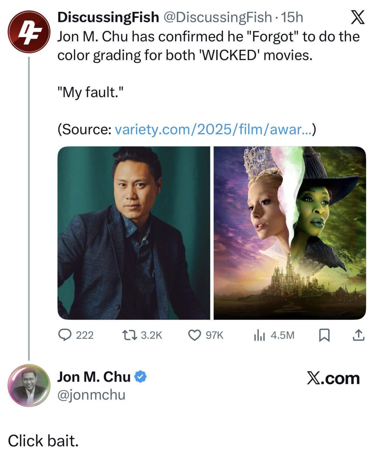 Wicked director Jon M Chu falls for a parody account over a fake article that he "Forgot" to colour grade the Wicked Films