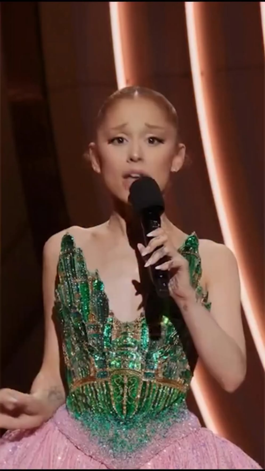 Ariana Grande wearing custom Rahul Mishra Couture which mimics the Emerald City for NBC’s “Wicked: One Wonderful Night”, styled by Law Roach.