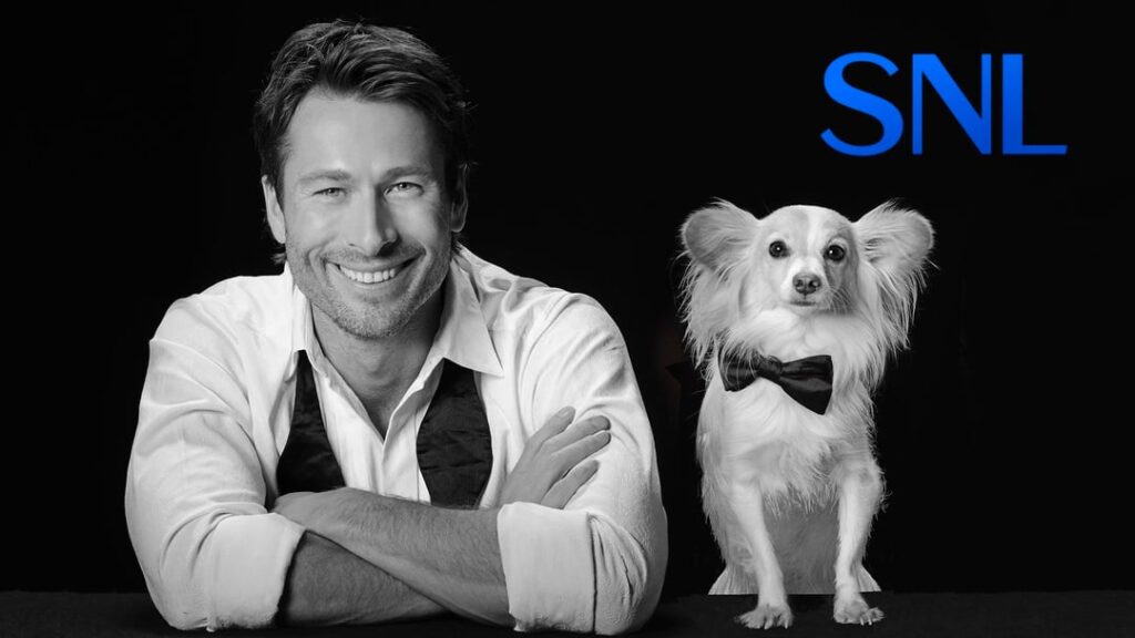 Brisket & Glen Powell stun in new Saturday Night Live bumper photos.