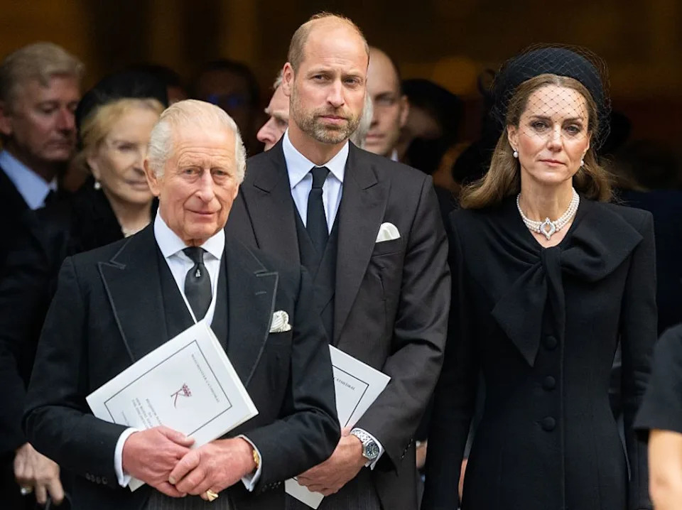 LONDON, ENGLAND – SEPTEMBER 16: King Charles III, Prince William, Prince of Wales and Catherine, Princess of Wales attend the funeral of The Duchess of Kent at Westminster Cathedral on September 16, 2025 in London, England. Katharine, Duchess of Kent was married Prince Edward, Duke of Kent, the first cousin of Queen Elizabeth II. She died on September 4 at the age of 92 at Kensington Palace surrounded by her family. Having converted to Catholicism in 1994, her funeral takes place at Westminster Cathedral and is the first Catholic funeral to be held for a member of the royal family in modern British history. Her Royal Highness will be laid to rest at the Royal Burial Ground at Frogmore, Windsor. (Photo by Samir Hussein/WireImage)