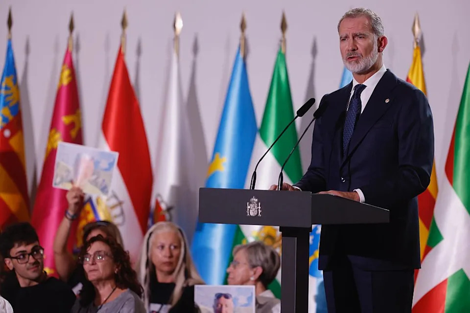 King Felipe VI speaks during the tribute to the victims of the dana, at the Principe Felipe Science Museum, on 29 October, 2025 in Valencia, Valencia, Spain. (Photo By Rober Solsona/Europa Press via Getty Images)