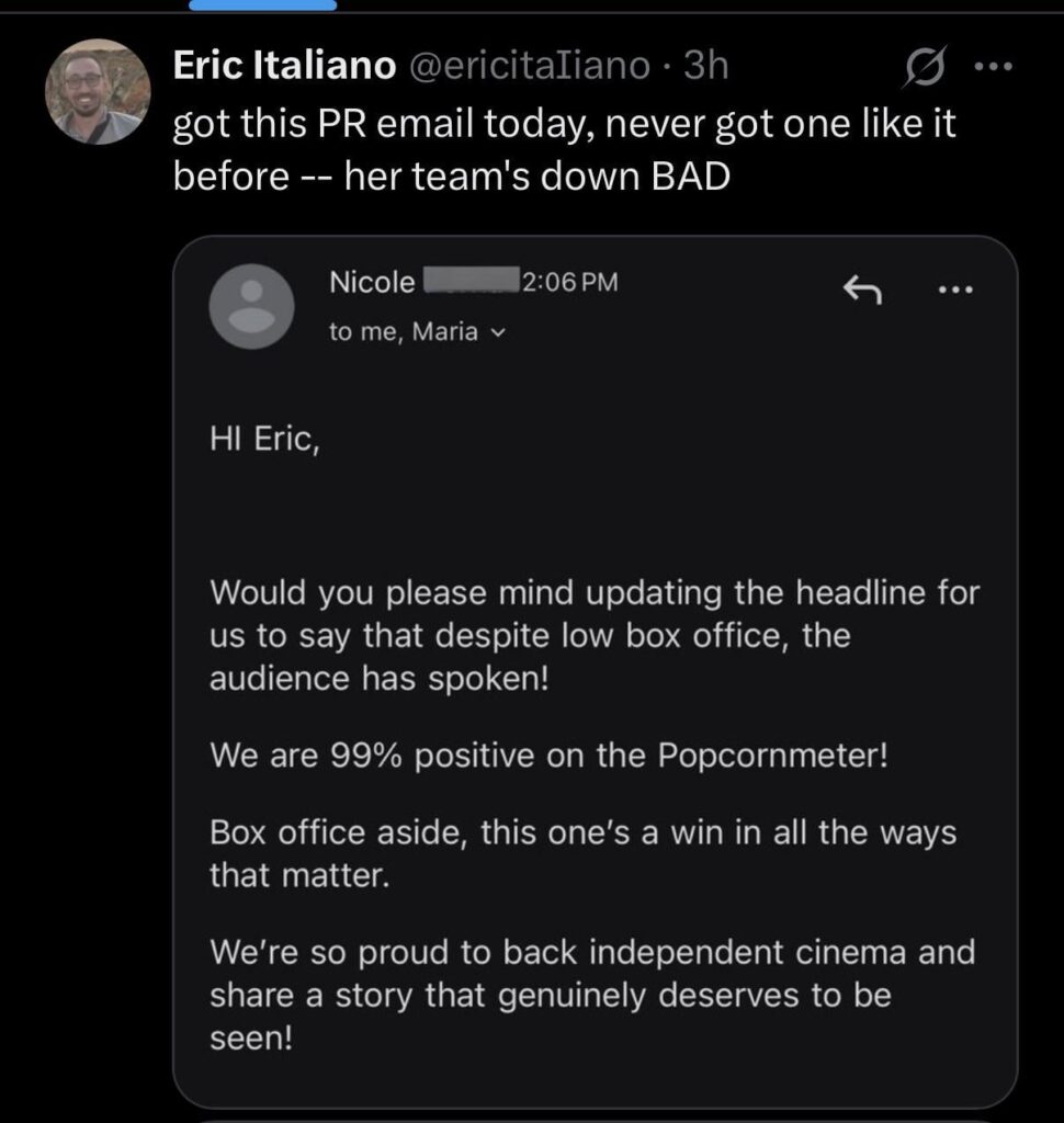 Sydney Sweeney’s PR team is emailing journalists asking for a positive spin of Christy’s disastrous box office performance