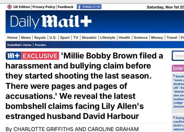 Milly Bobby Brown filed a bullying and harassment complaint against David Harbour before shooting the last season of Stranger Things.