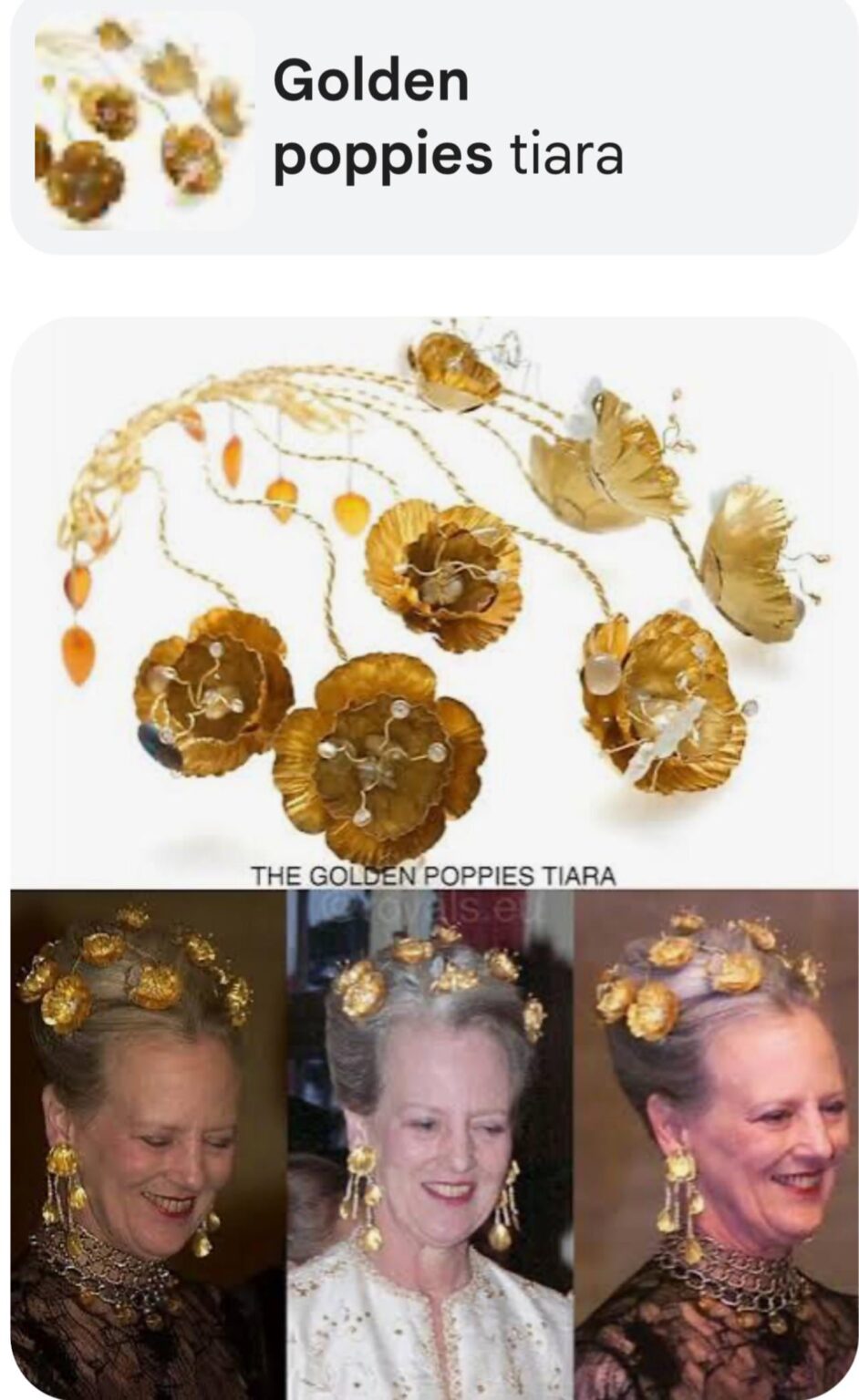 Queen Margrethe II unique and whimsical Golden Poppy art piece Tiara and Jewelry … Unique and fun or just a hard No?