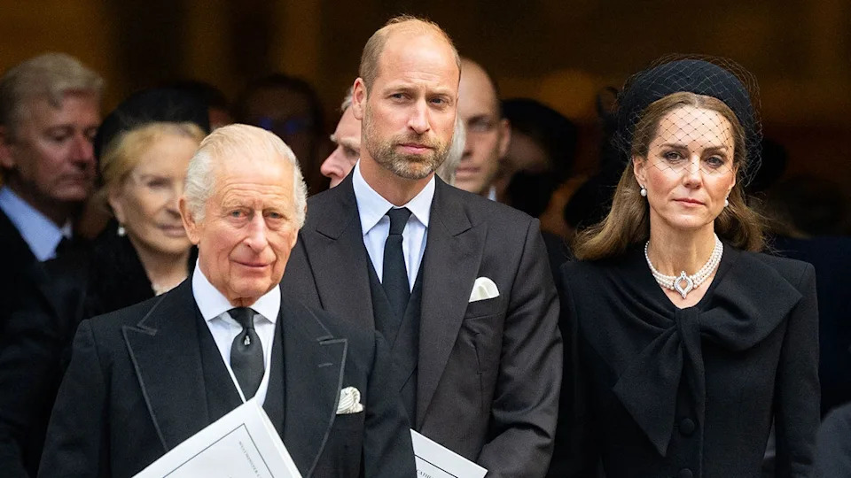 King Charles, Prince William and Kate Middleton looking somber as they wear matching black formal attire outside a church.