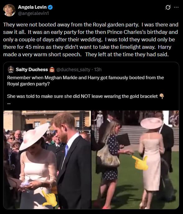 Angela Levin debunks those old rumours that Meghan and Harry were booted out of King Charles’ 70th birthday garden party shortly after their wedding, says the early exit was pre-planned