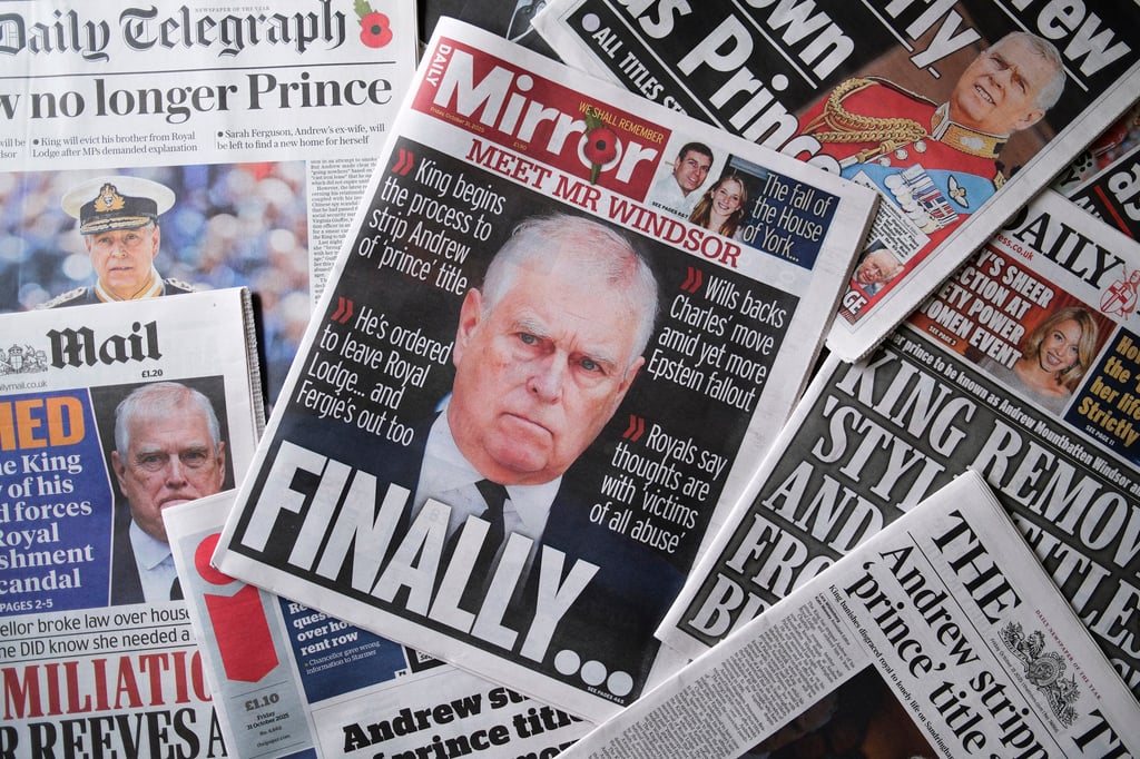 The front page of the Daily Mirror newspaper with an image of Andrew Mountbatten Windsor is seen on October 31. Photo: TNS