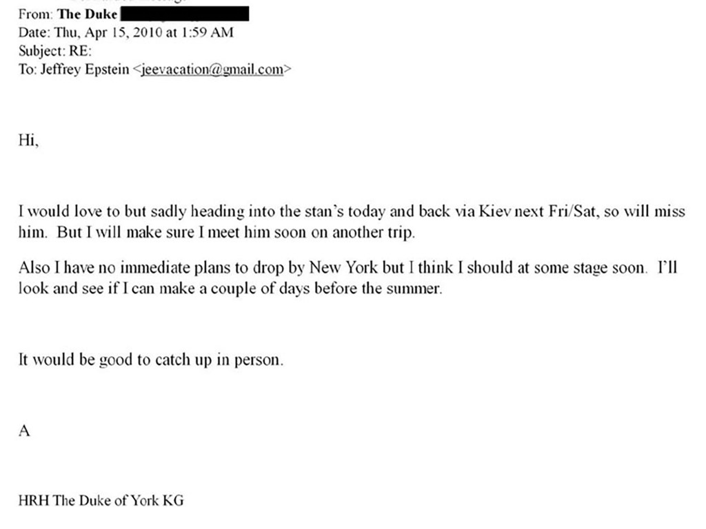 An email from "The Duke" to Jeffrey Epstein discussing travel plans and a desire to meet up in person.