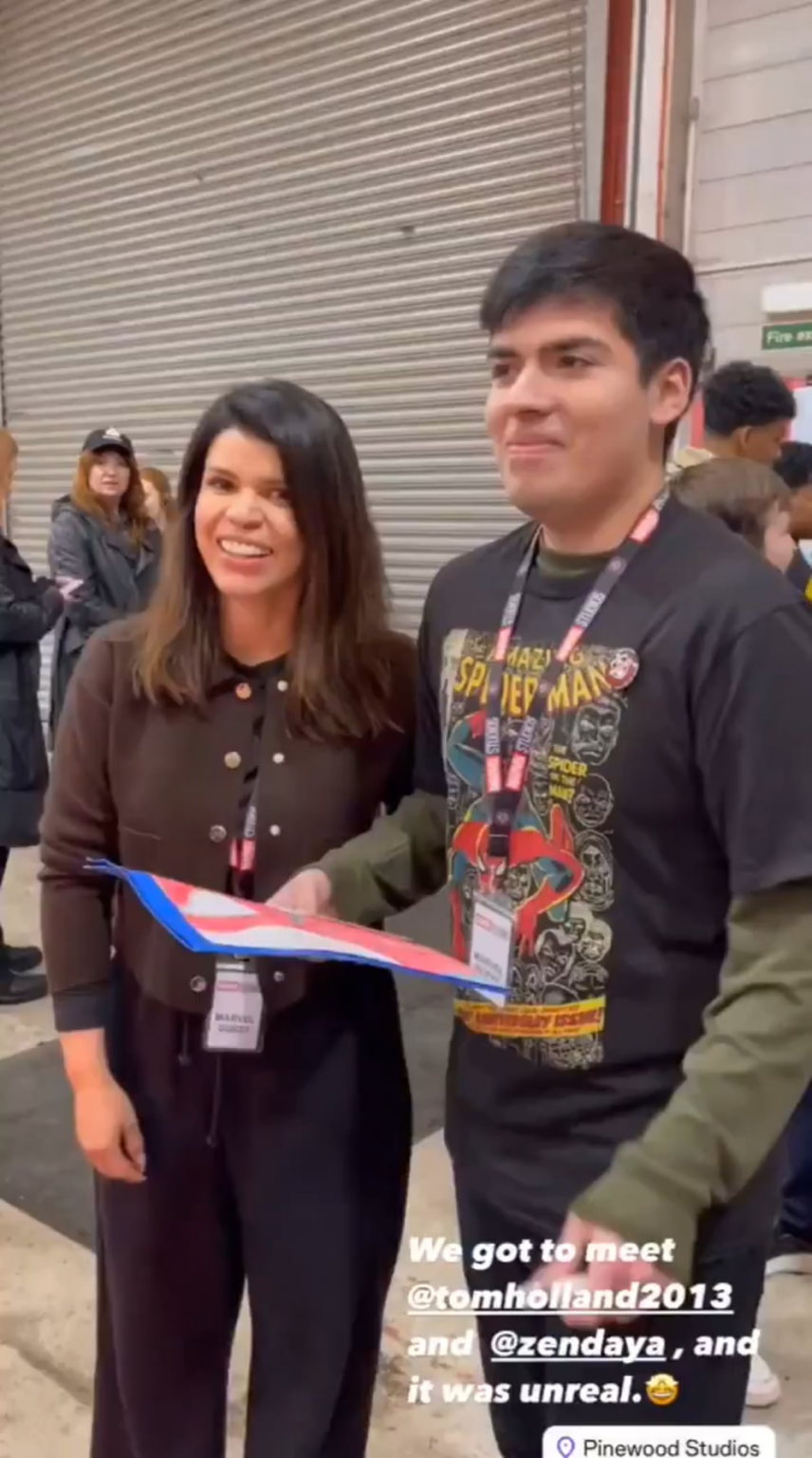 Tom Holland and Zendaya meeting a fan on the set of Spider-Man: Brand New Day