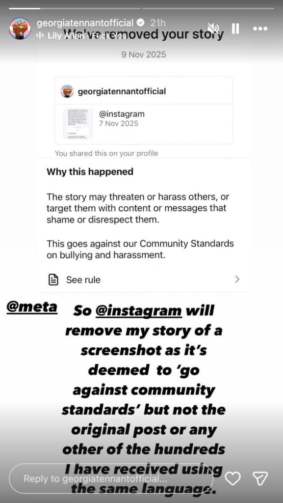 Trans ally and actress Georgia Tennant calls out Meta for removing her IG story sharing a screenshot of the abusive dm she received but not removing the actual abusive posts she receives