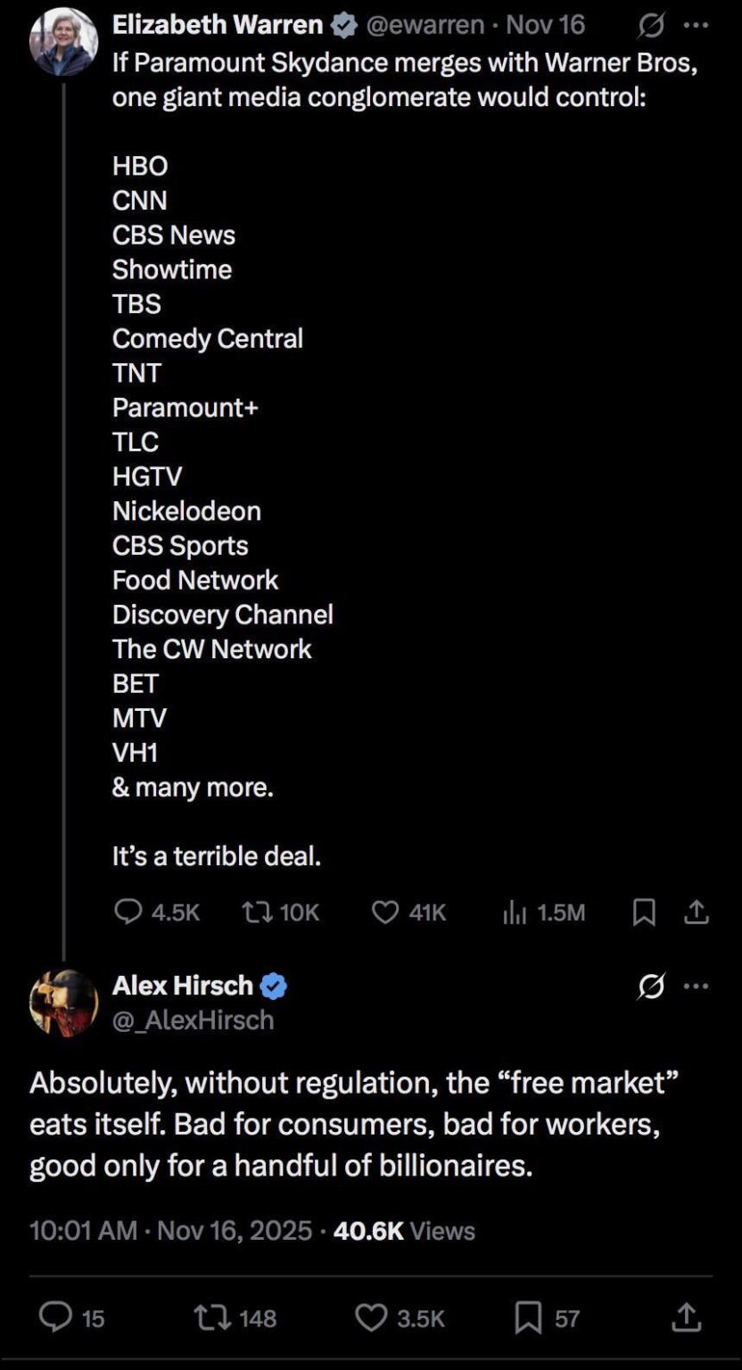 Gravity Falls creator Alex Hirsch talked to Elizabeth Warren he doesn’t like Warner Bros and Paramount Skydance merger. He said is “Bad for consumers, bad for workers good only  for a handful of billionaires