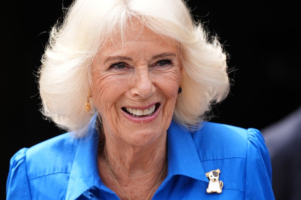 queen camilla smiling blue dress