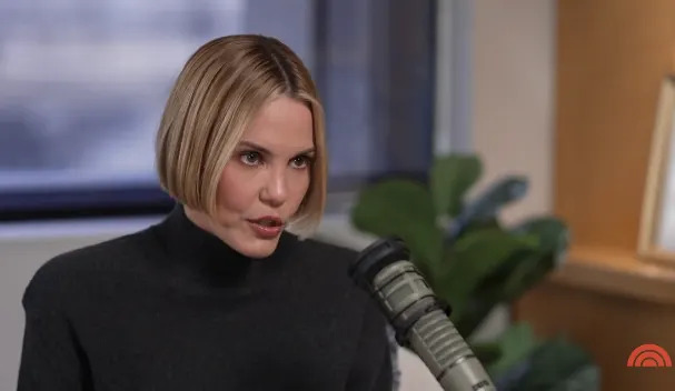 A person with a short haircut in a turtleneck sweater speaking into a microphone during an interview