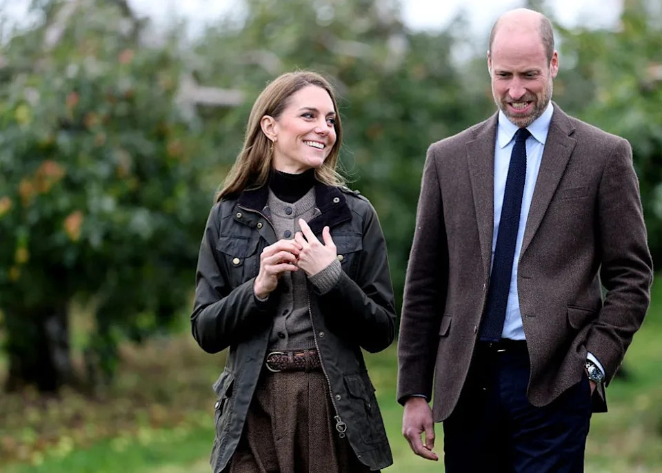 Britain’s Catherine, Princess of Wales and Britain’s Prince William, Prince of Wales tour Long Meadow’s orchards during a visit to Long Meadow Cider in Craigavon, Northern Ireland on October 14, 2025. The Prince and Princess of Wales are visiting organisations providing creative and entrepreneurial opportunities for young people in rural areas of Northern Ireland. (Photo by Chris Jackson / POOL / AFP) (Photo by CHRIS JACKSON/POOL/AFP via Getty Images)