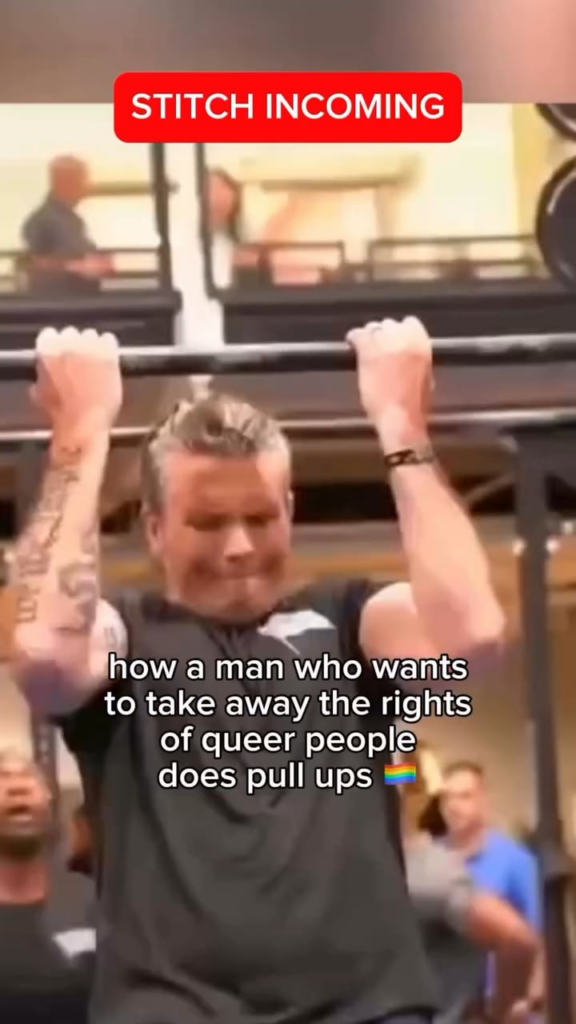 “my name is pattie gonia and i challenge pete hegseth to a pull up competition. i'll win. and i’ll do it tucked.”