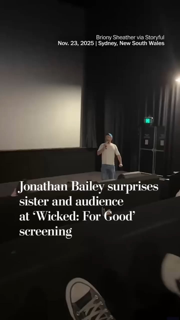 Jonathan Bailey surprises his sister and nieces at a ‘Wicked: For Good’ screening