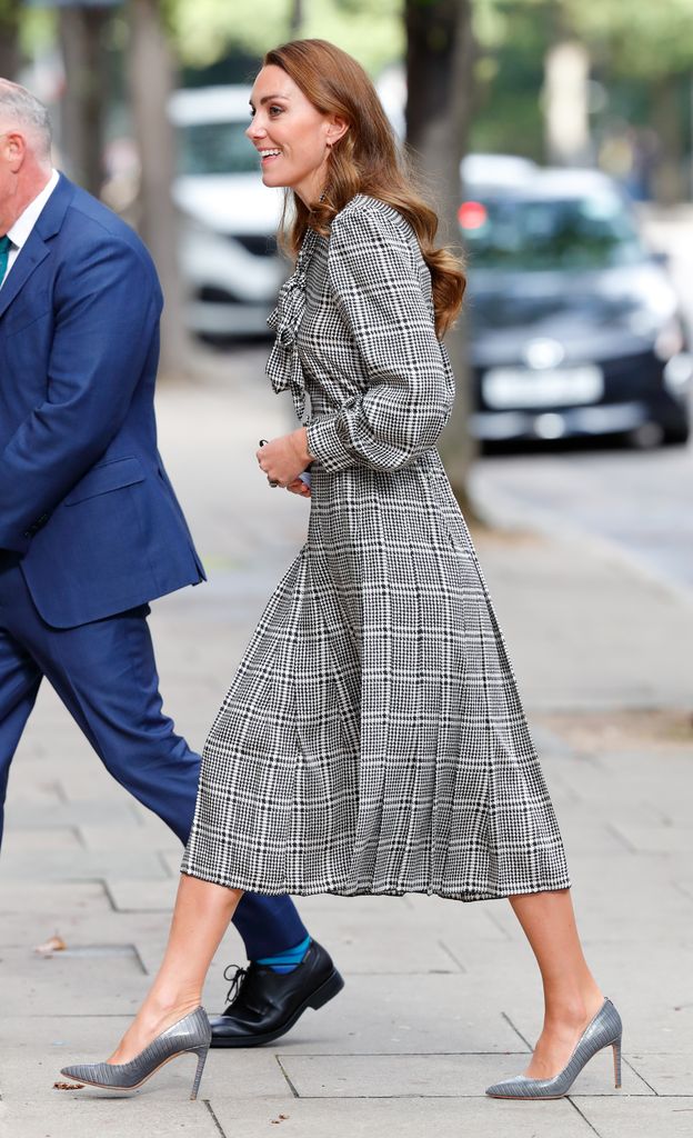 Kate in checked grey dress and heels