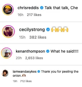 Social media post with four comments praising a person named Che for their message. Comments include appreciation gestures and agreement