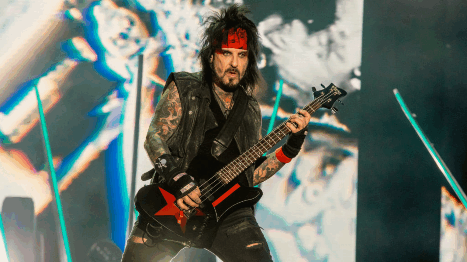 Nikki Sixx of Motley Crue performing during a concert between Def Leppard and Motley Crue bands, at Estadio Banorte on February 21, 2023 in Monterrey, Mexico
